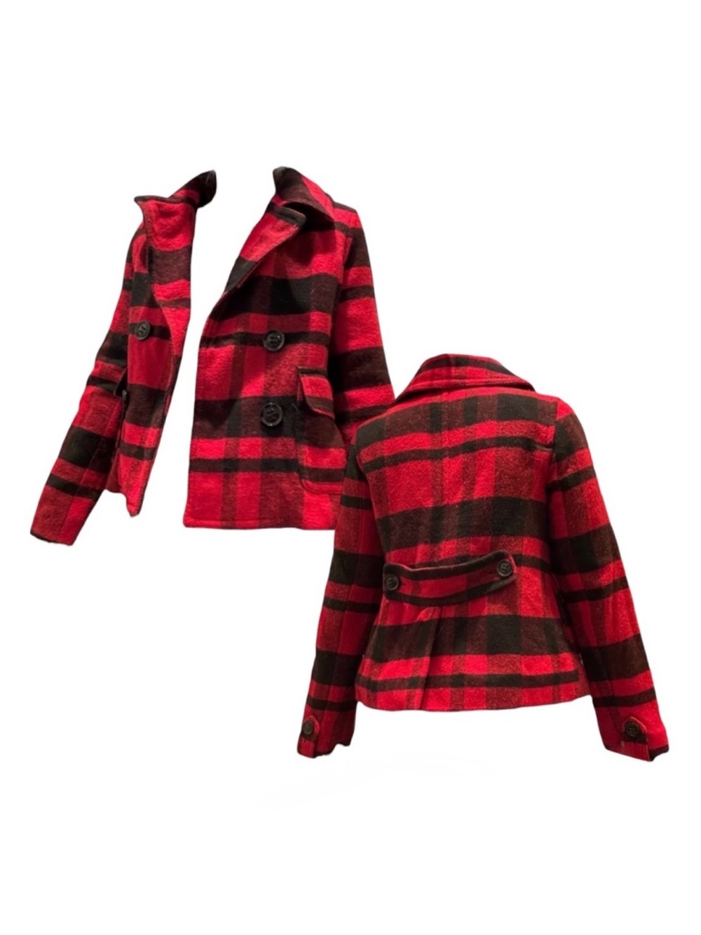 American Eagle Outfitters Red and Black Plaid Pea Coat